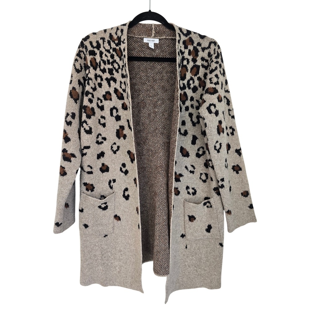 Nine West Womens XL Leopard Print Open Front Longline Cardigan Sweater Tan Brown